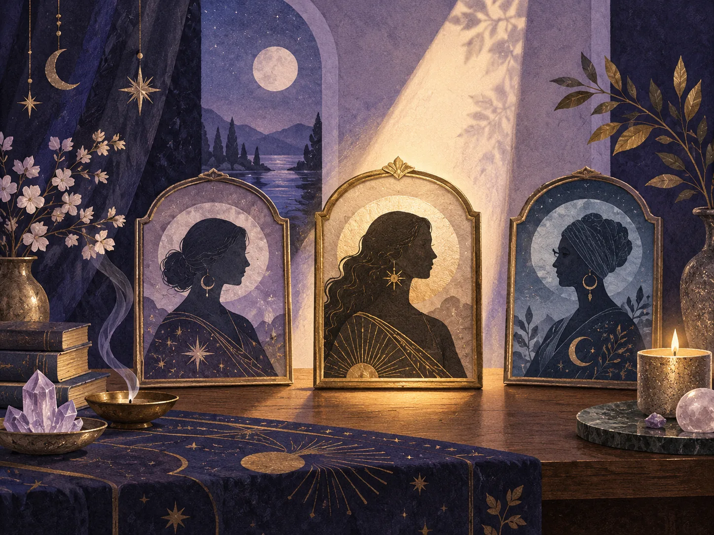Three illustrated advisor portraits, with one softly illuminated