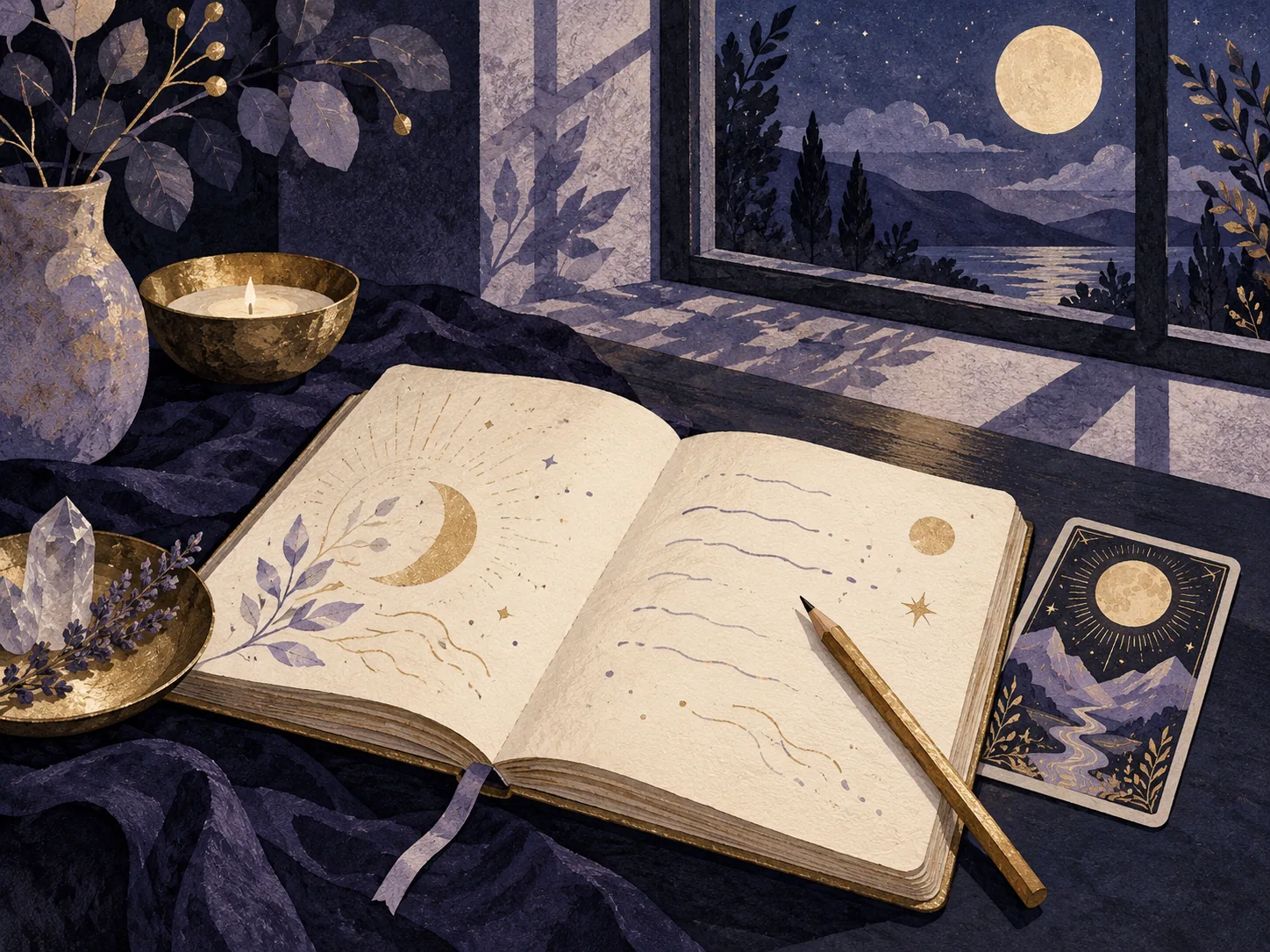 Open journal and pencil in soft moonlight