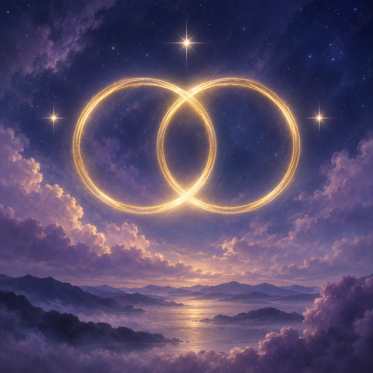 Two luminous circles and three stars representing balance and the angel number 222